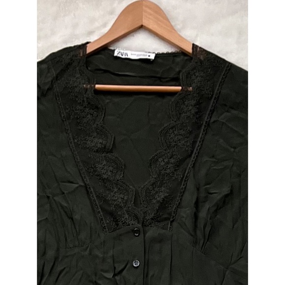 Zara Blogger’s Favorite Olive Green Vintage Lace V-Neck Button Down Midi Dress - Picture 12 of 16